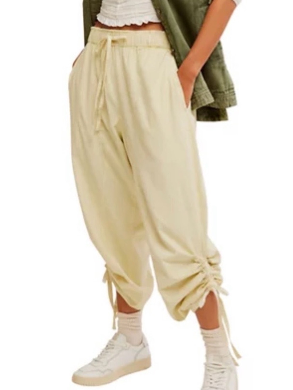 Cream Drawstring Ruched Hem Casual Jogger Pants